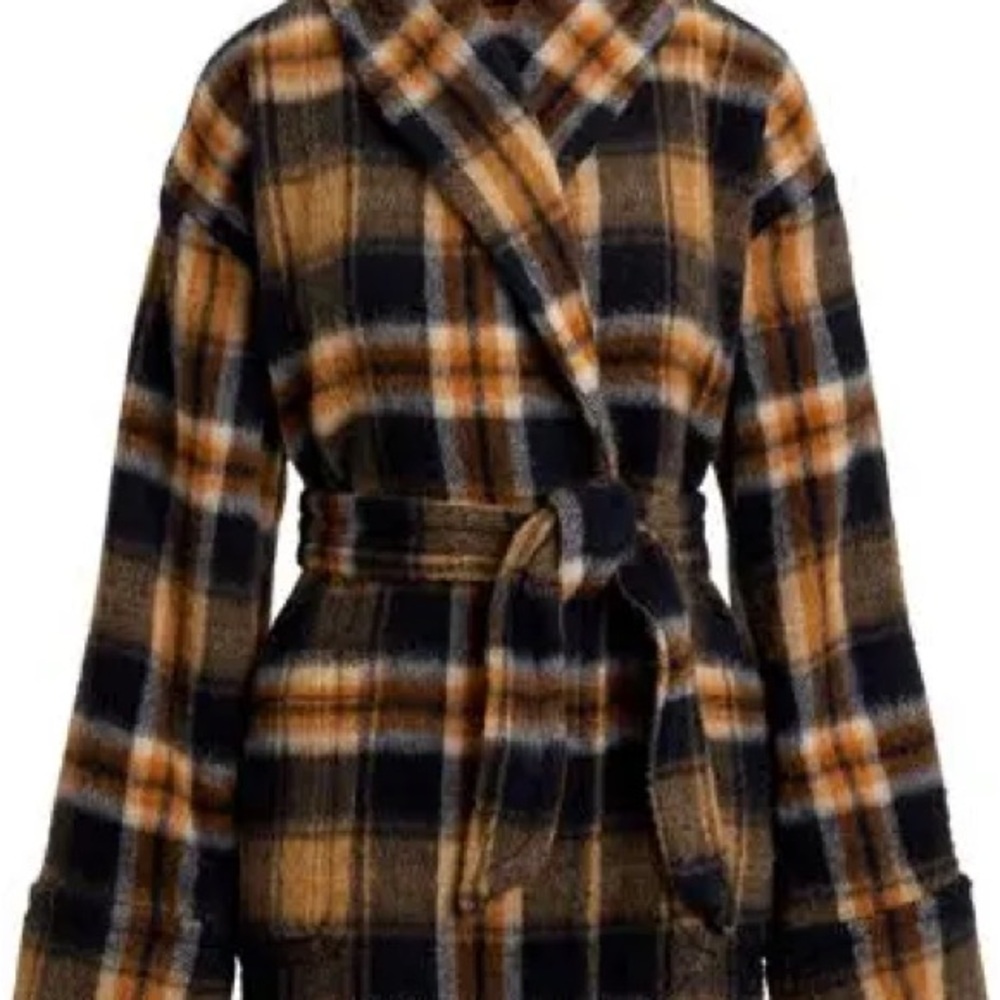 Ralph Lauren Plaid Wool-Blend Shawl-Collar Wrap Coat